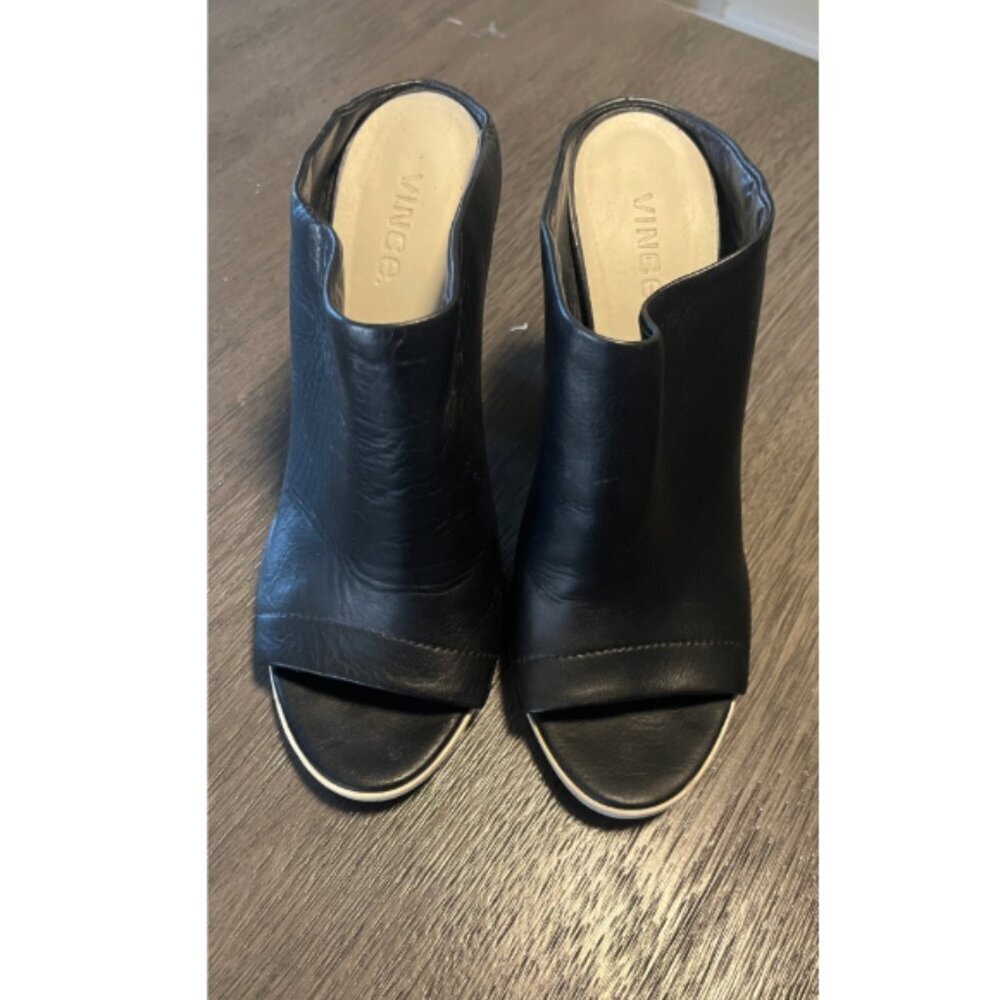 VINCE LEATHER OPEN TOE WOODEN HEEL BOOTIE 9.5 - Picture 2 of 6